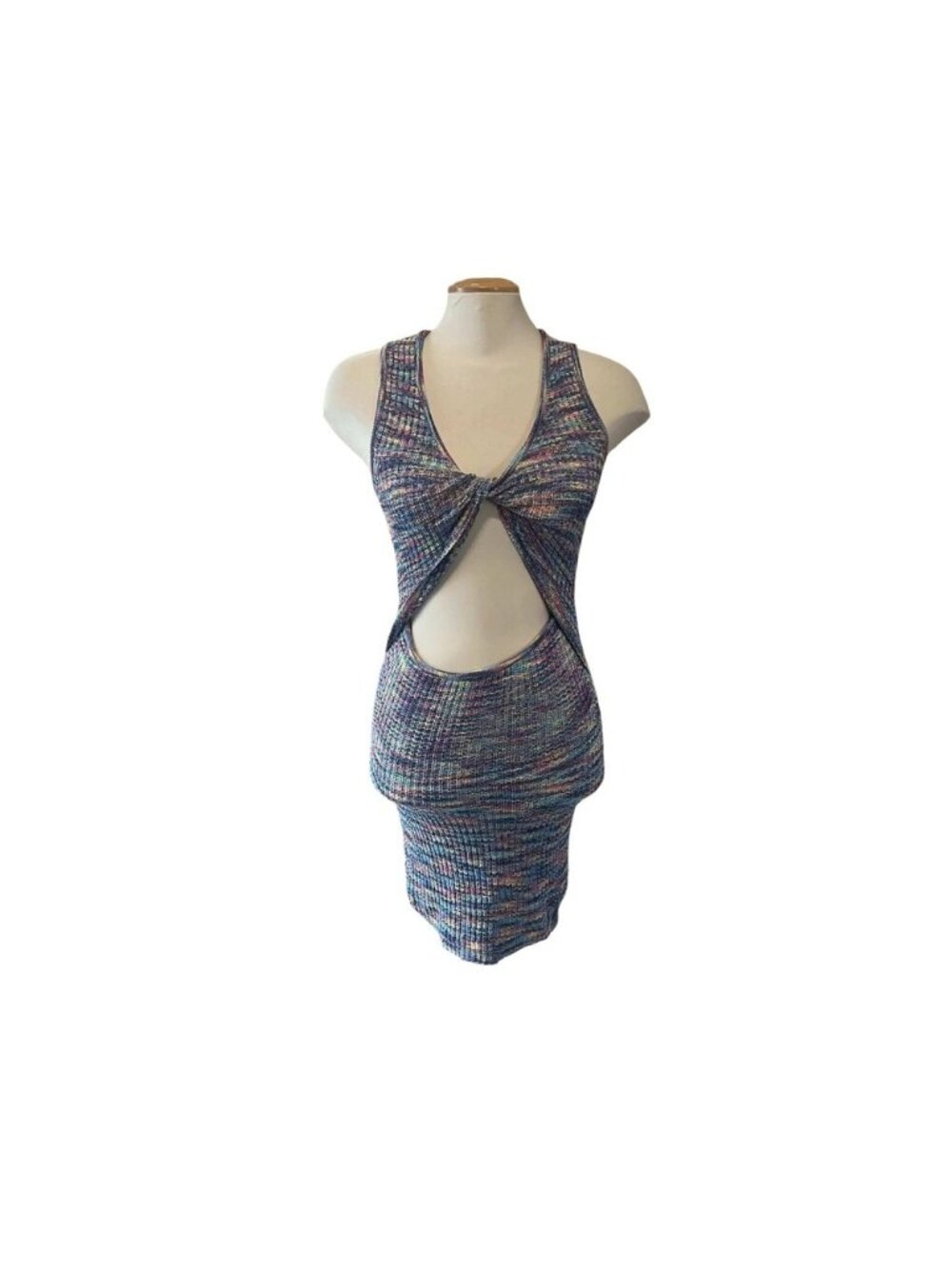Space Dye Knit‎ Cutout Mini Dress Multi Color Twist Front Sleeveless Bodycon
